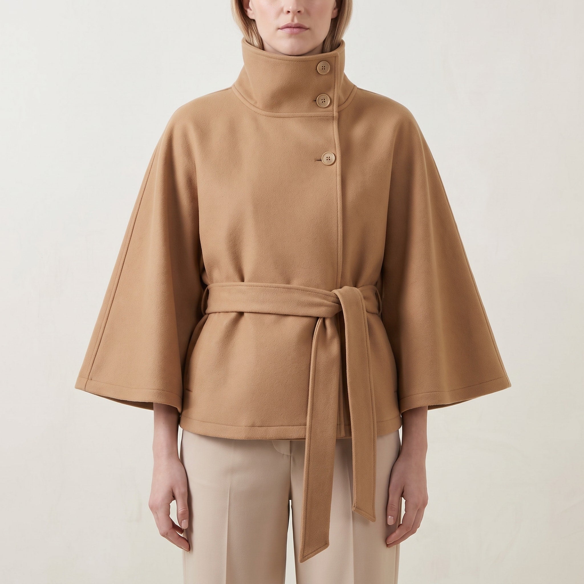 Sophie - Women's Cape Coat with High Collar and Tie Belt - Capes - Brown - Davies & Cooper