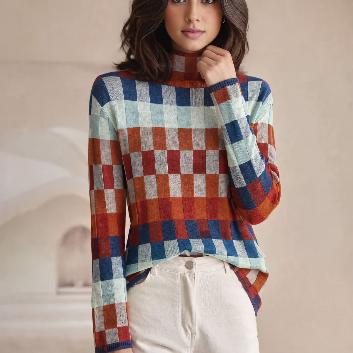 Sophie - Women's Checkered Turtleneck Knit Jumper with Ribbed Cuffs - Sweaters - Red - Davies & Cooper