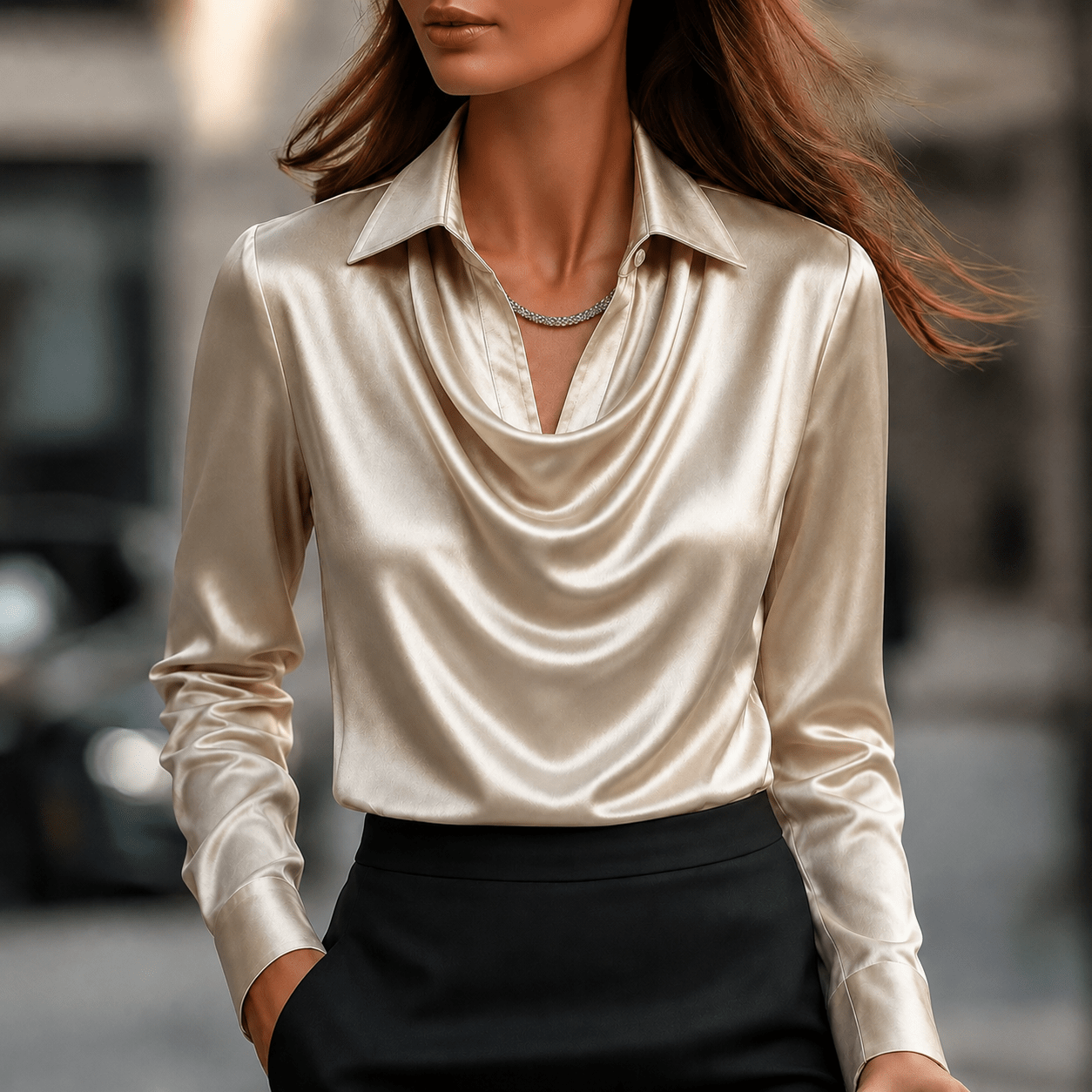 Sophie - Women's Cowl Neck Long Sleeve Blouse - Blouses - Beige - Davies & Cooper