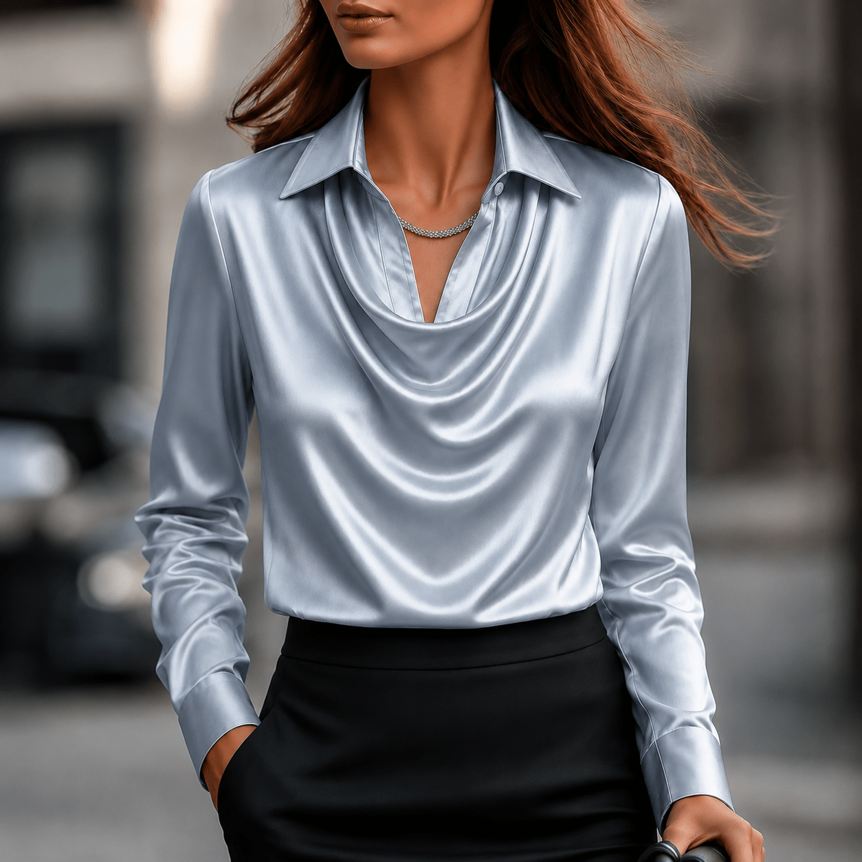 Sophie - Women's Cowl Neck Long Sleeve Blouse - Blouses - Light Blue - Davies & Cooper