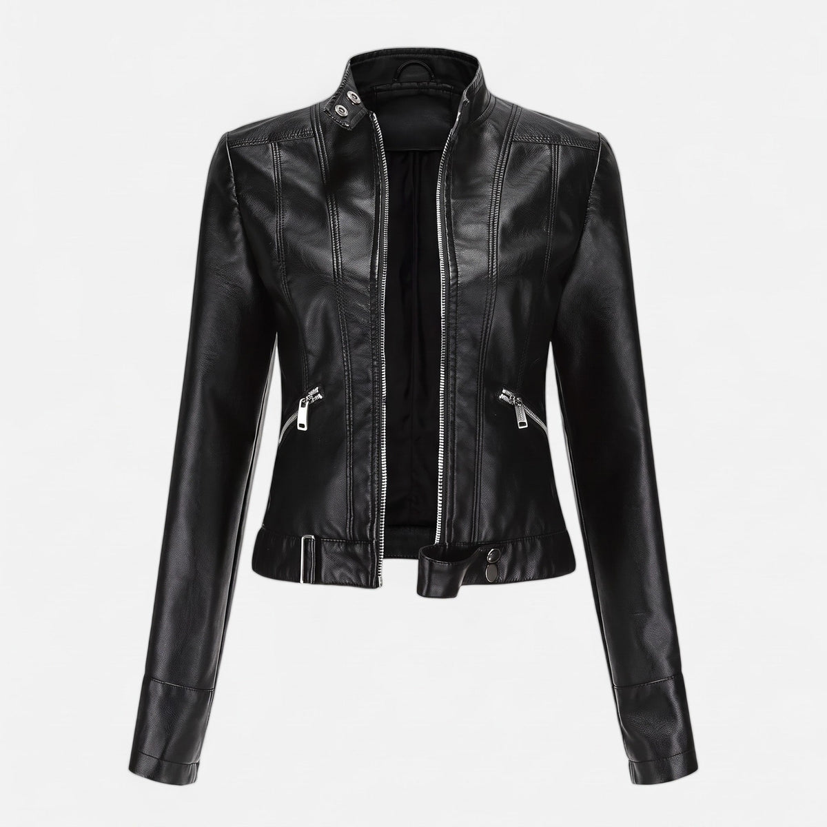 Sophie - Women's Cropped Biker Jacket with Zip Pockets - Motorcycle Outerwear - Black - Davies & Cooper