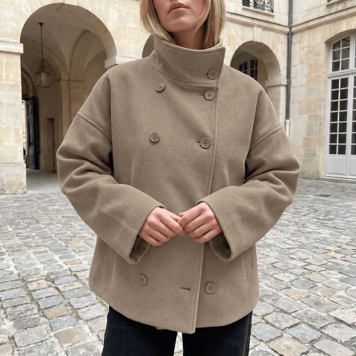 Sophie - Women's Cropped Pea Jacket with Stand Collar - Pea Coats - Khaki - Davies & Cooper