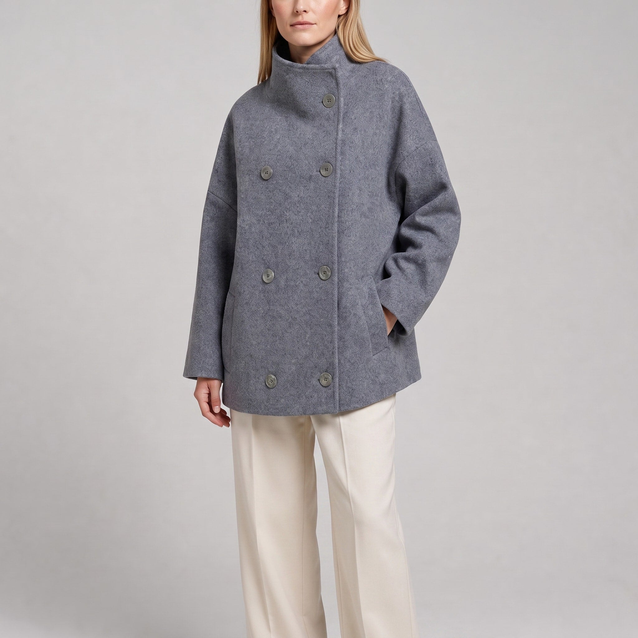 Sophie - Women's Cropped Pea Jacket with Stand Collar - Pea Coats - Grey - Davies & Cooper