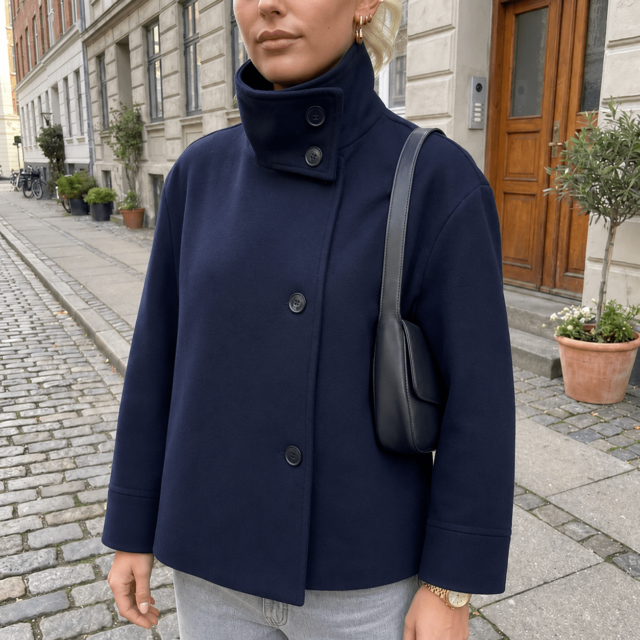 Sophie - Women's Cropped Pea Jacket with Stand Collar - Pea Coats - Dark Blue - Davies & Cooper