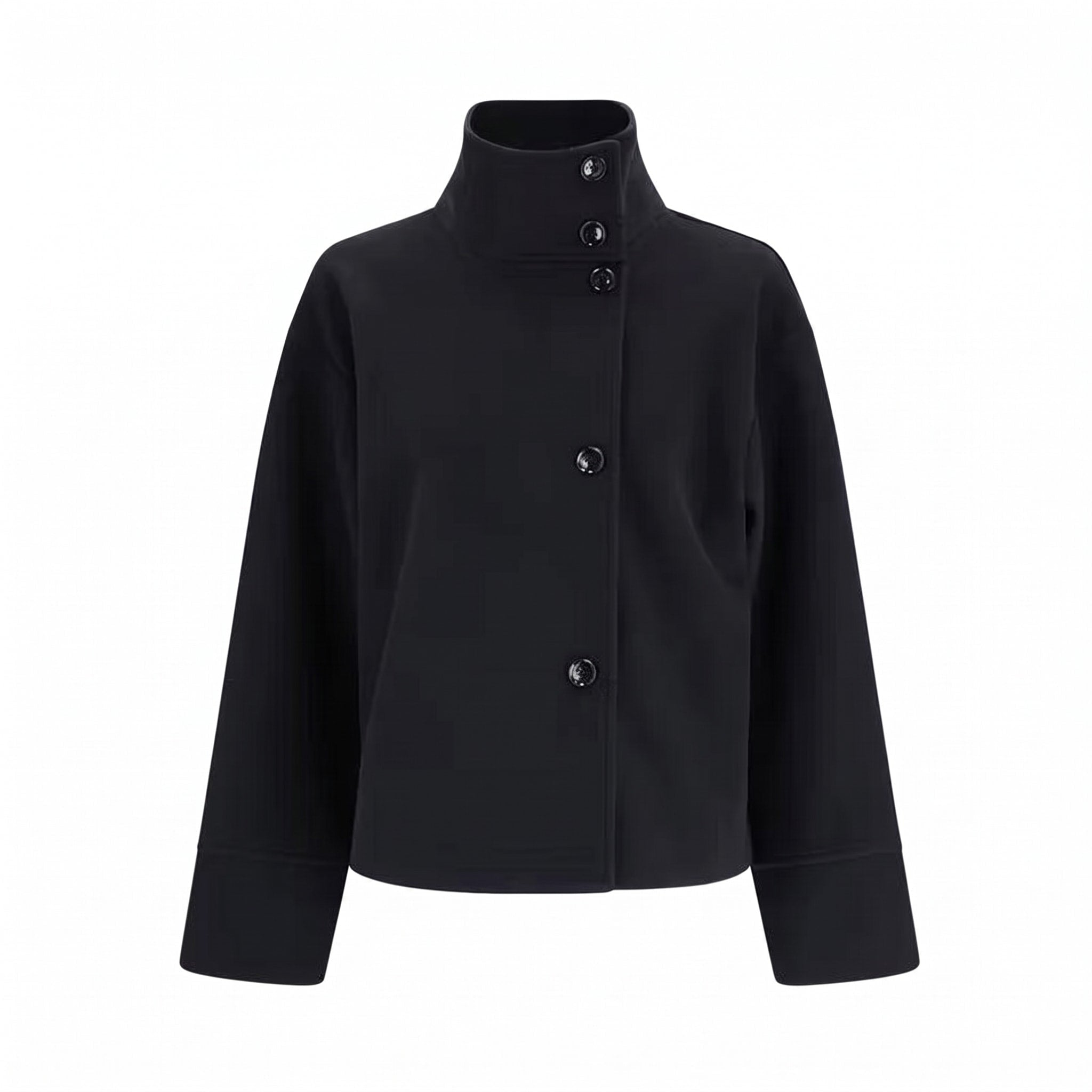 Sophie - Women's Cropped Pea Jacket with Stand Collar - Pea Coats - Black - Davies & Cooper