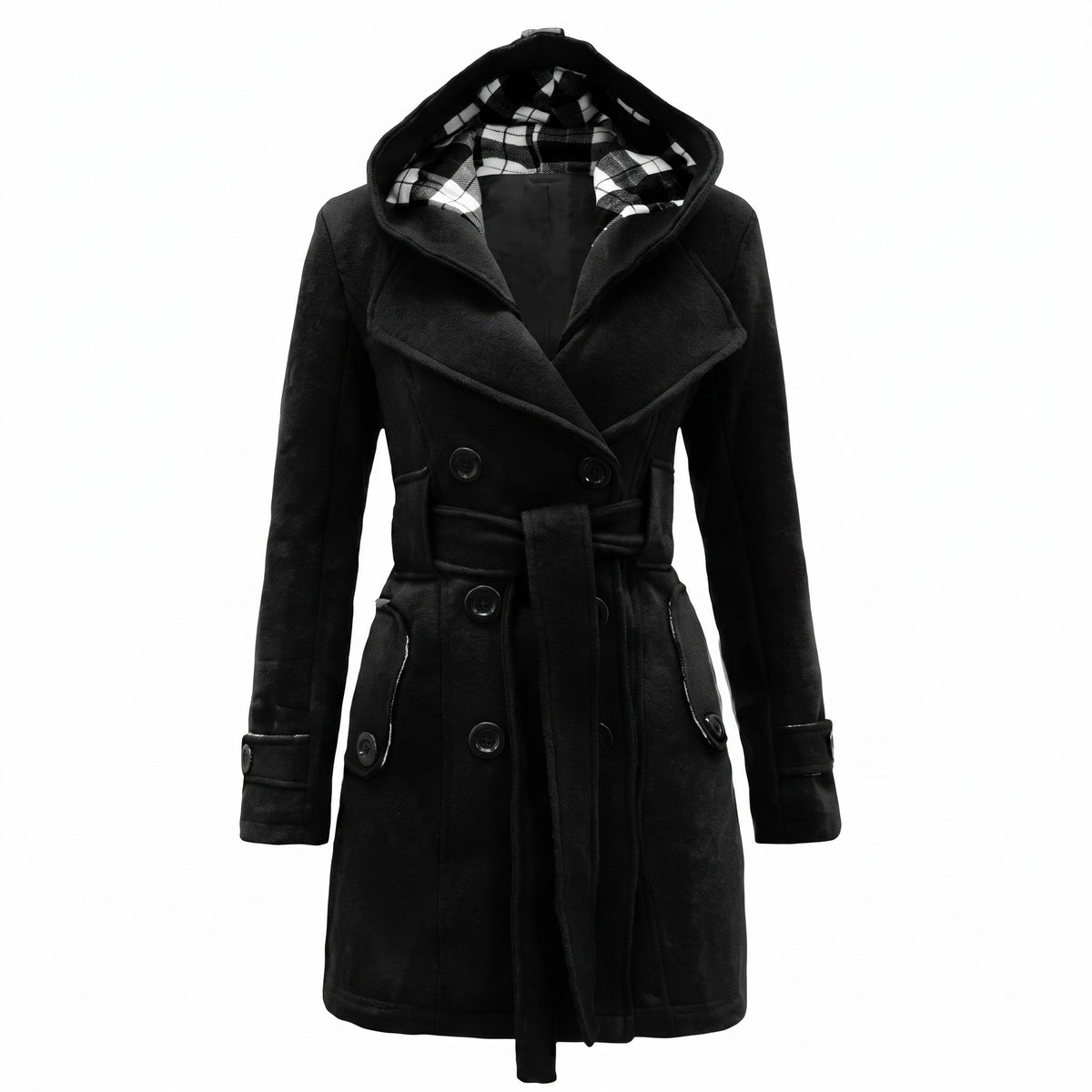 Sophie - Women's Double-Breasted Hooded Wool Coat with Belt - Trench Coats - Black - Davies & Cooper