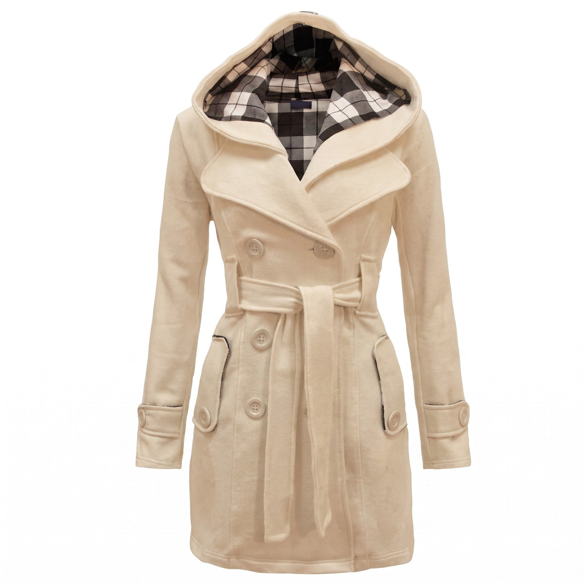 Sophie - Women's Double-Breasted Hooded Wool Coat with Belt - Trench Coats - Beige - Davies & Cooper
