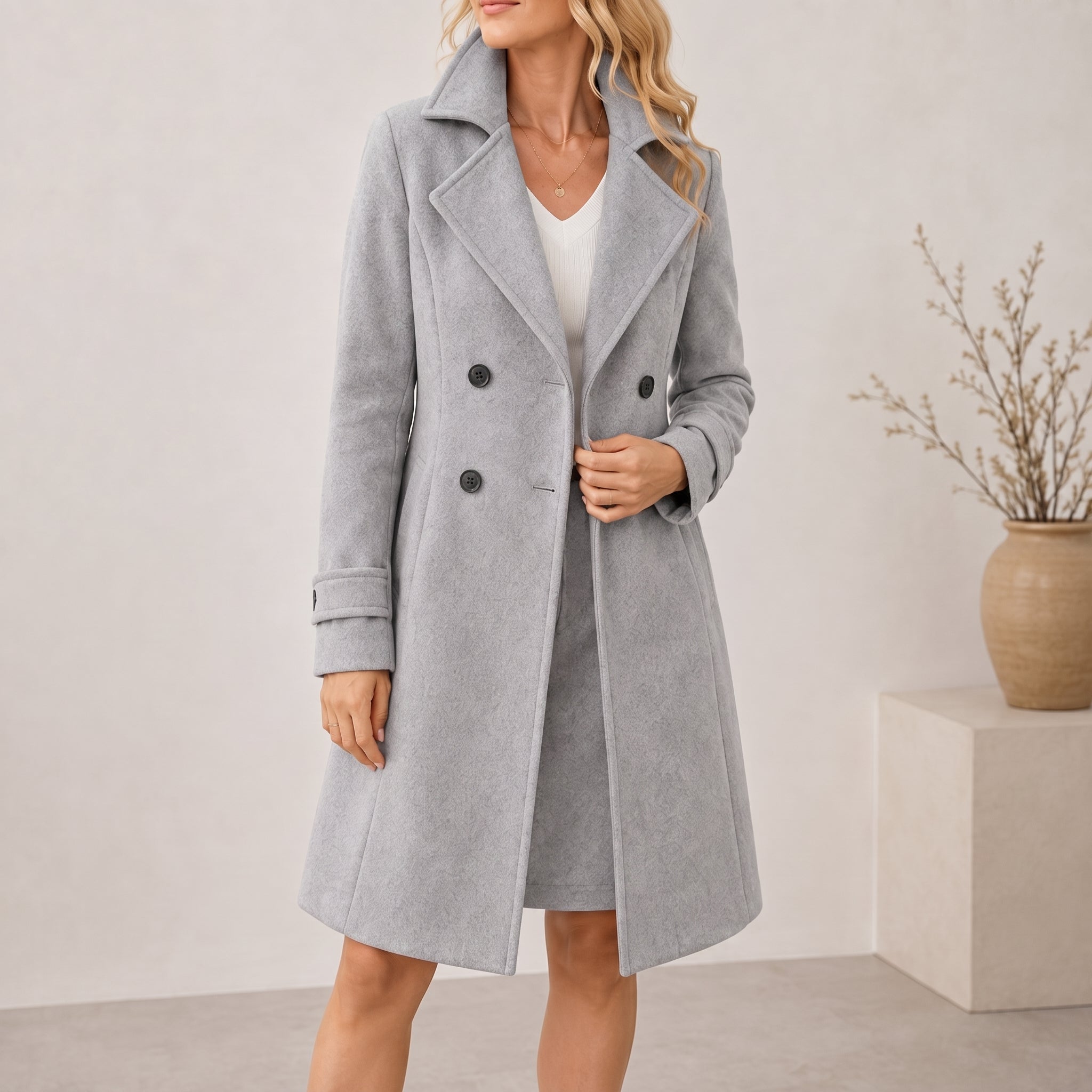 Sophie - Women's Double-Breasted Tailored Midi Coat - Overcoats - Grey - Davies & Cooper