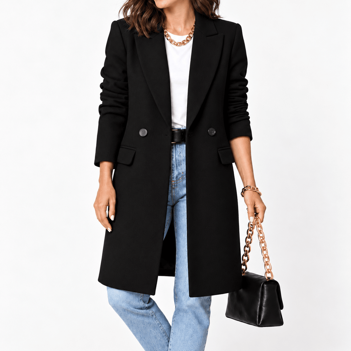 Sophie - Women's Double-Breasted Tailored Overcoat with Notch Lapel - Overcoats - Black - Davies & Cooper