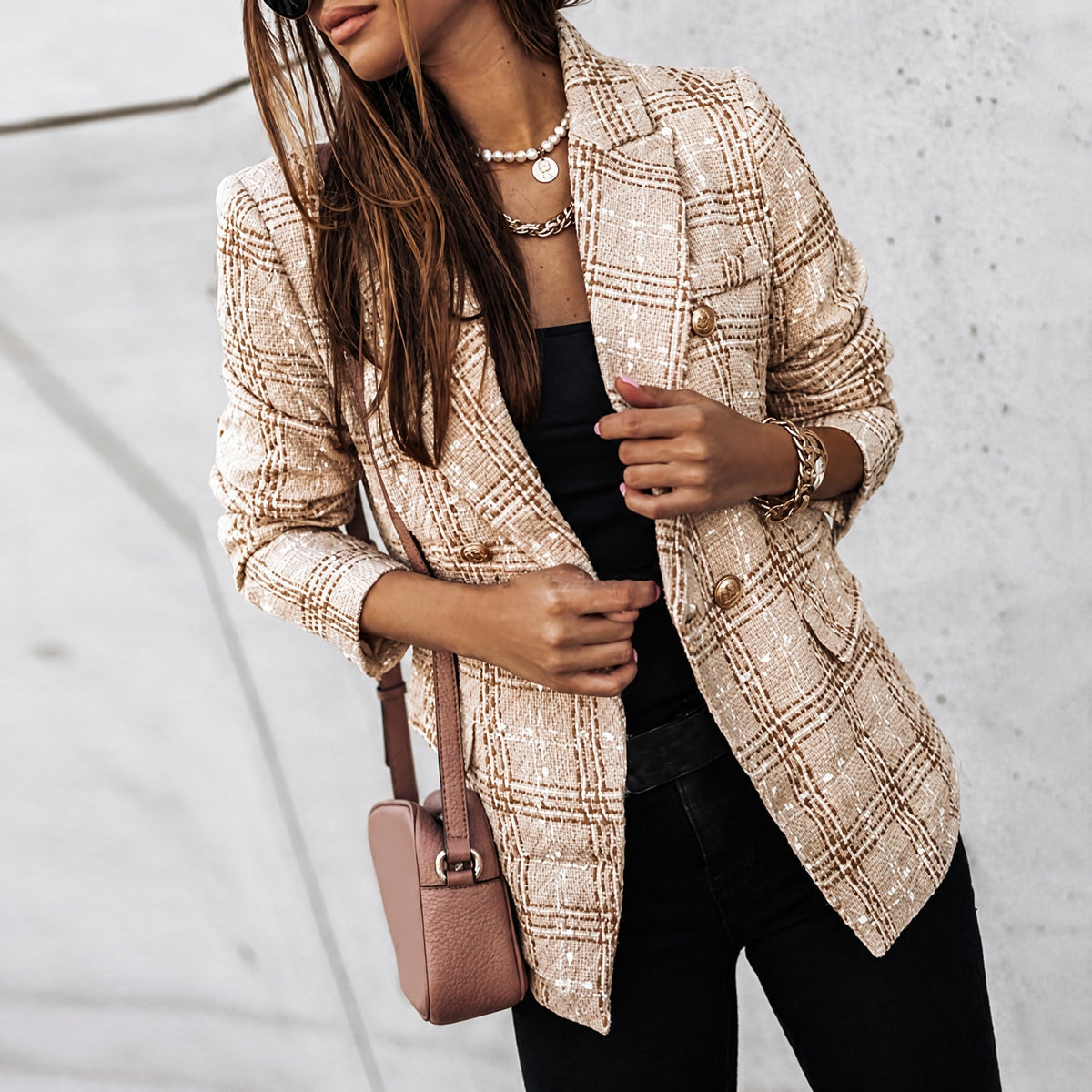 Sophie - Women's Double-Breasted Tailored Tweed Blazer - Blazers - Beige - Davies & Cooper