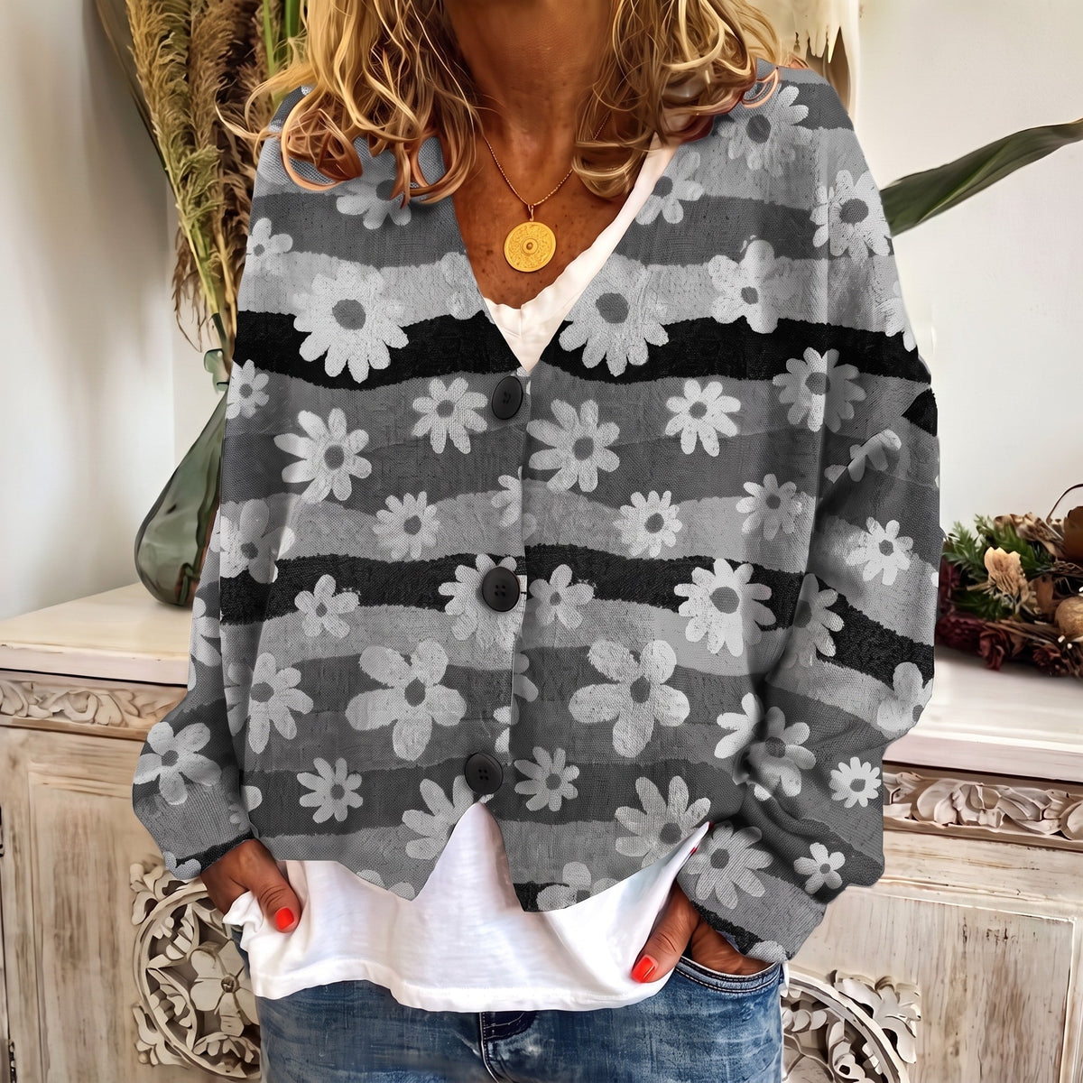 Sophie - Women's Floral Print Button-Front Cardigan - Cardigans - Grey - Davies & Cooper