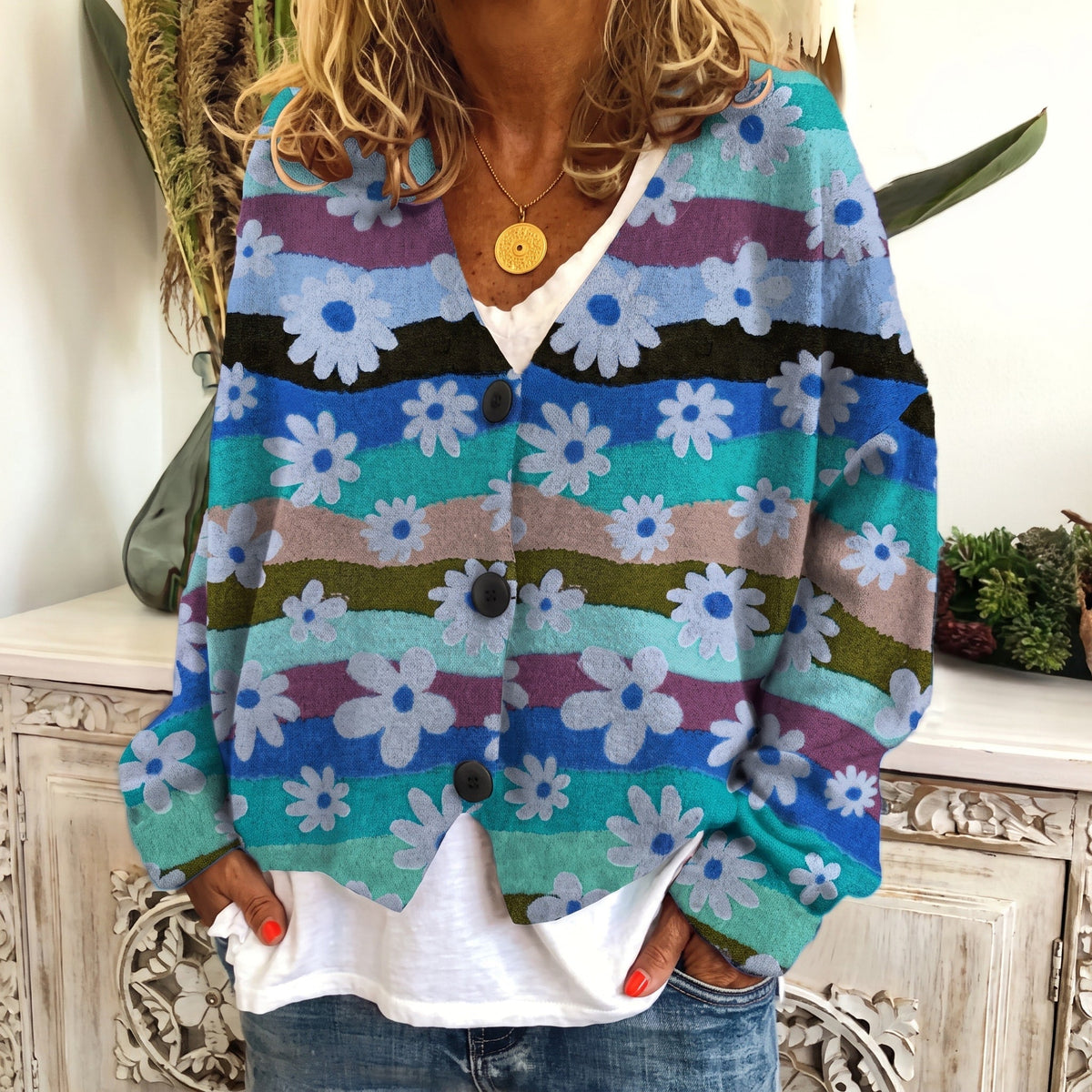 Sophie - Women's Floral Print Button-Front Cardigan - Cardigans - Blue - Davies & Cooper
