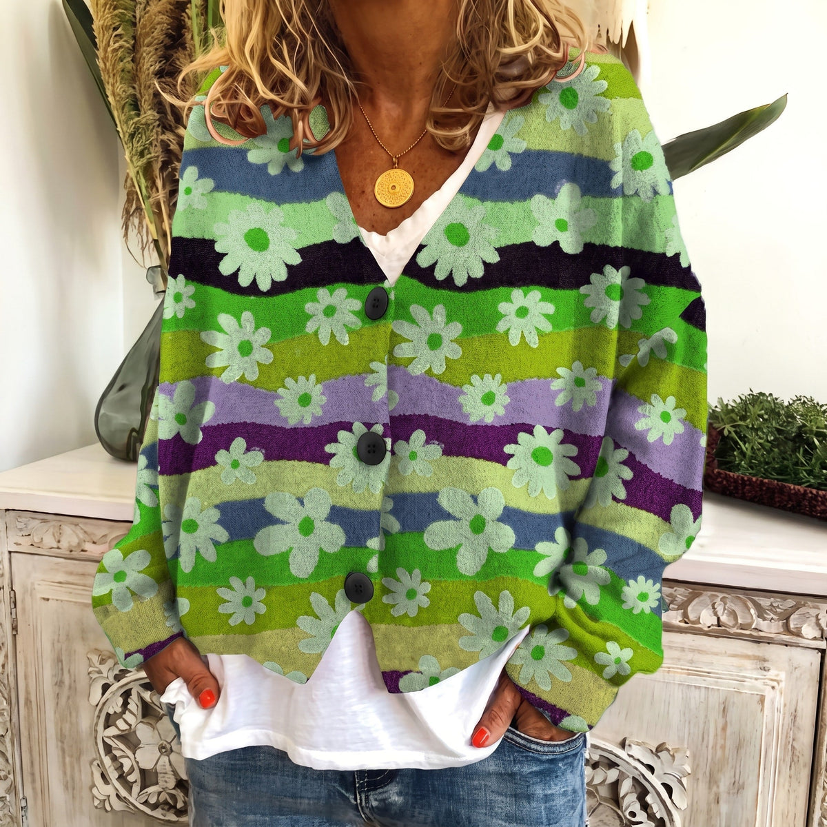 Sophie - Women's Floral Print Button-Front Cardigan - Cardigans - Green - Davies & Cooper