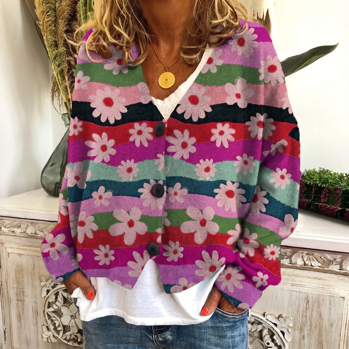 Sophie - Women's Floral Print Button-Front Cardigan - Cardigans - Pink - Davies & Cooper