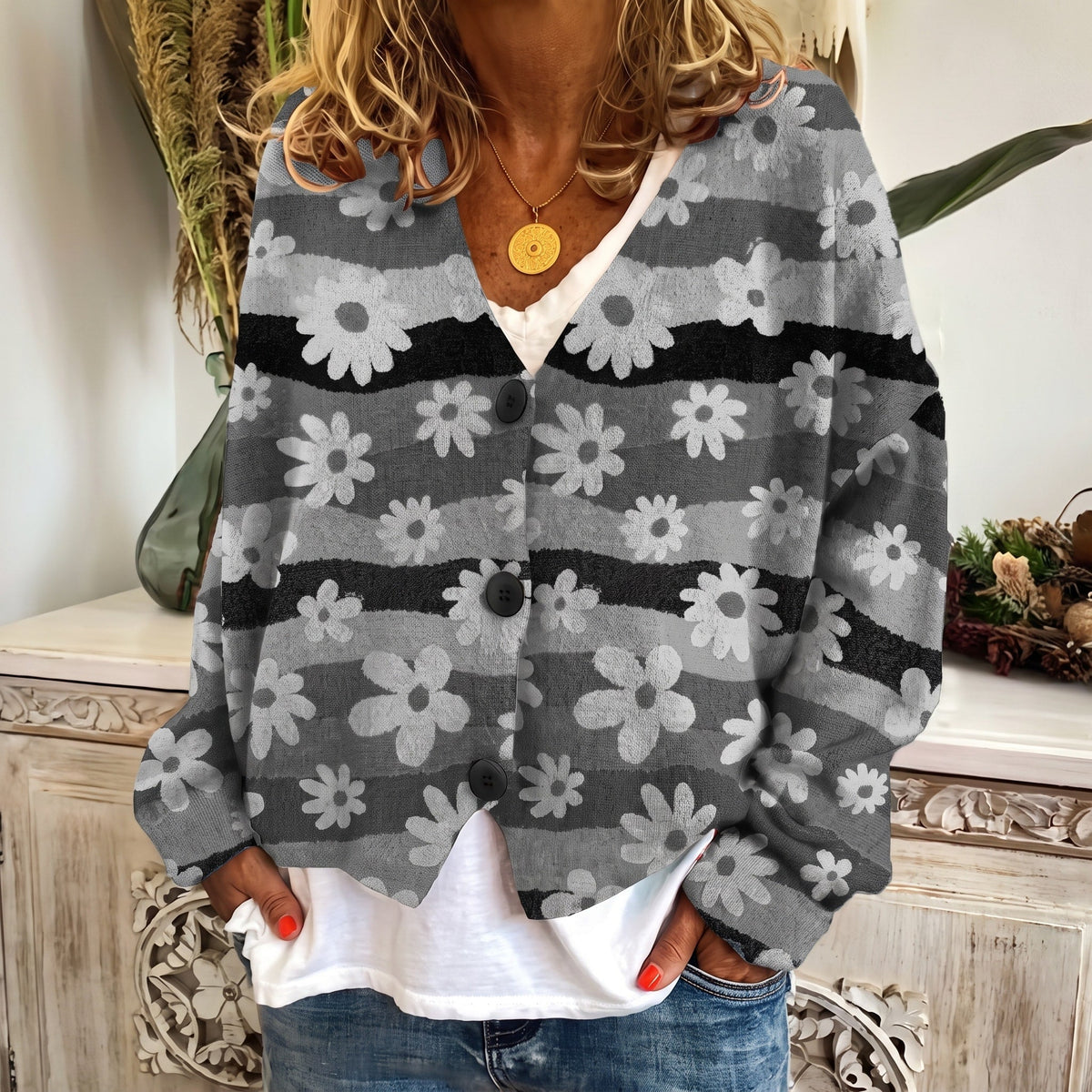 Sophie - Women's Floral Print Button-Front Cardigan - Cardigans - Grey - Davies & Cooper
