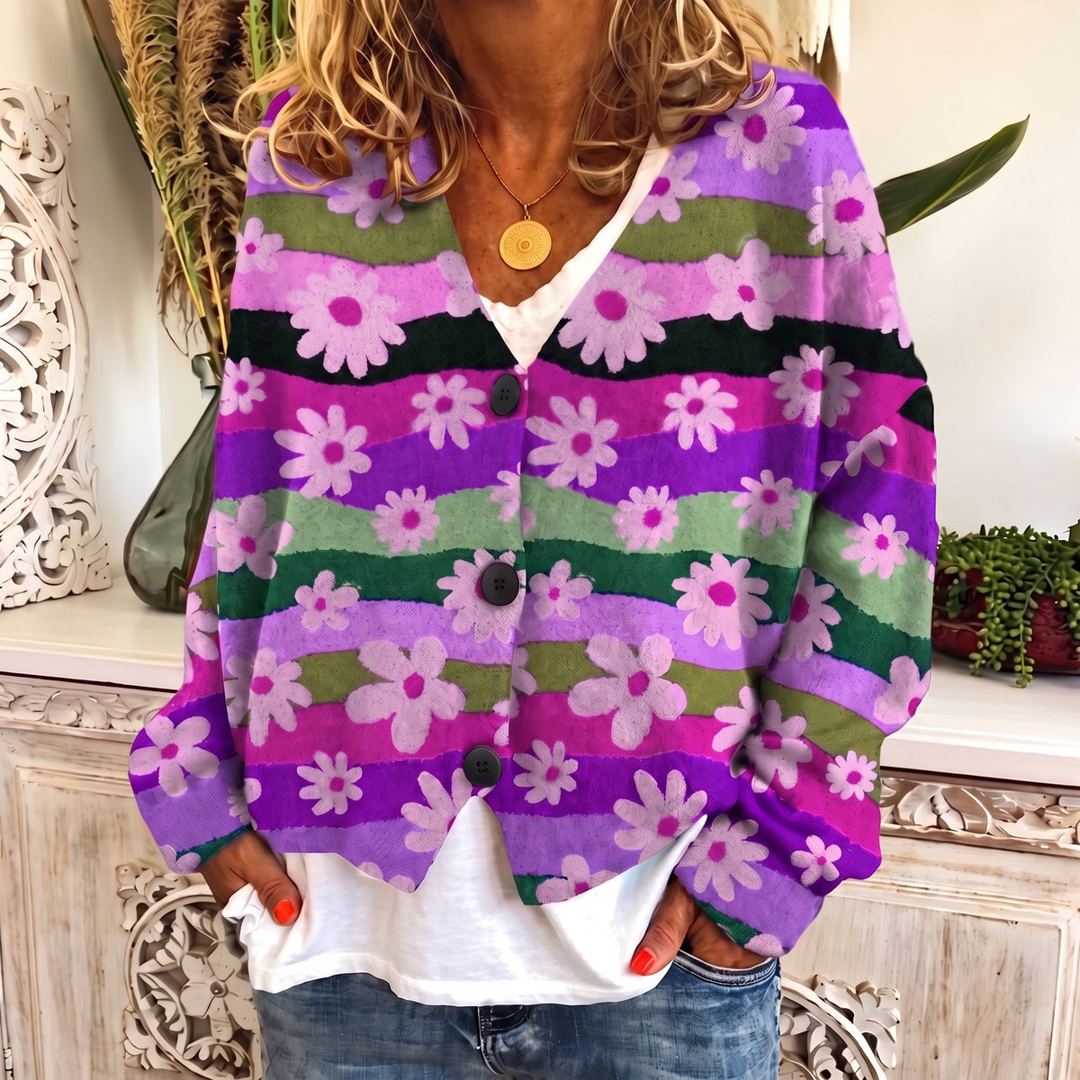 Sophie - Women's Floral Print Button-Front Cardigan - Cardigans - Purple - Davies & Cooper