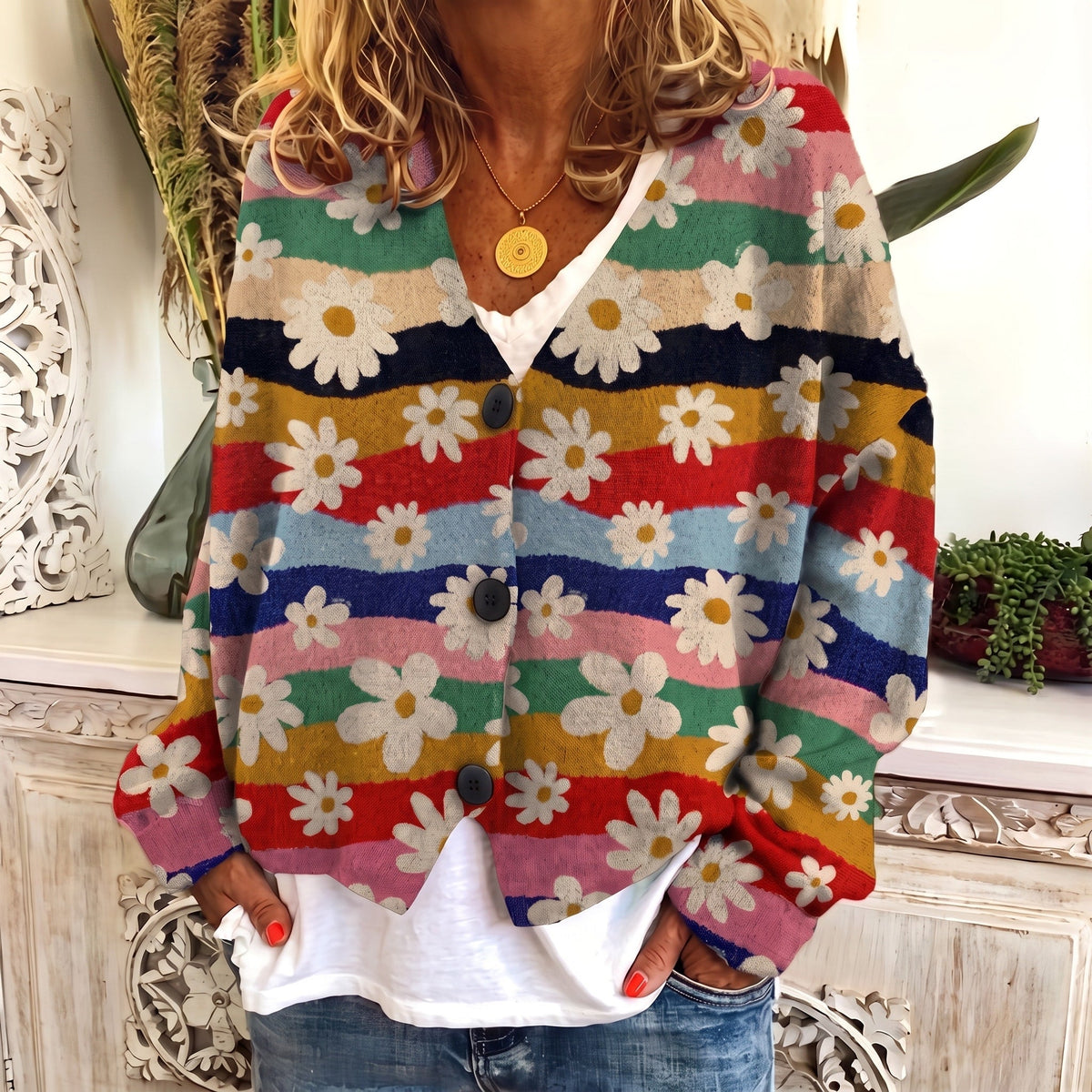 Sophie - Women's Floral Print Button-Front Cardigan - Cardigans - Purple - Davies & Cooper