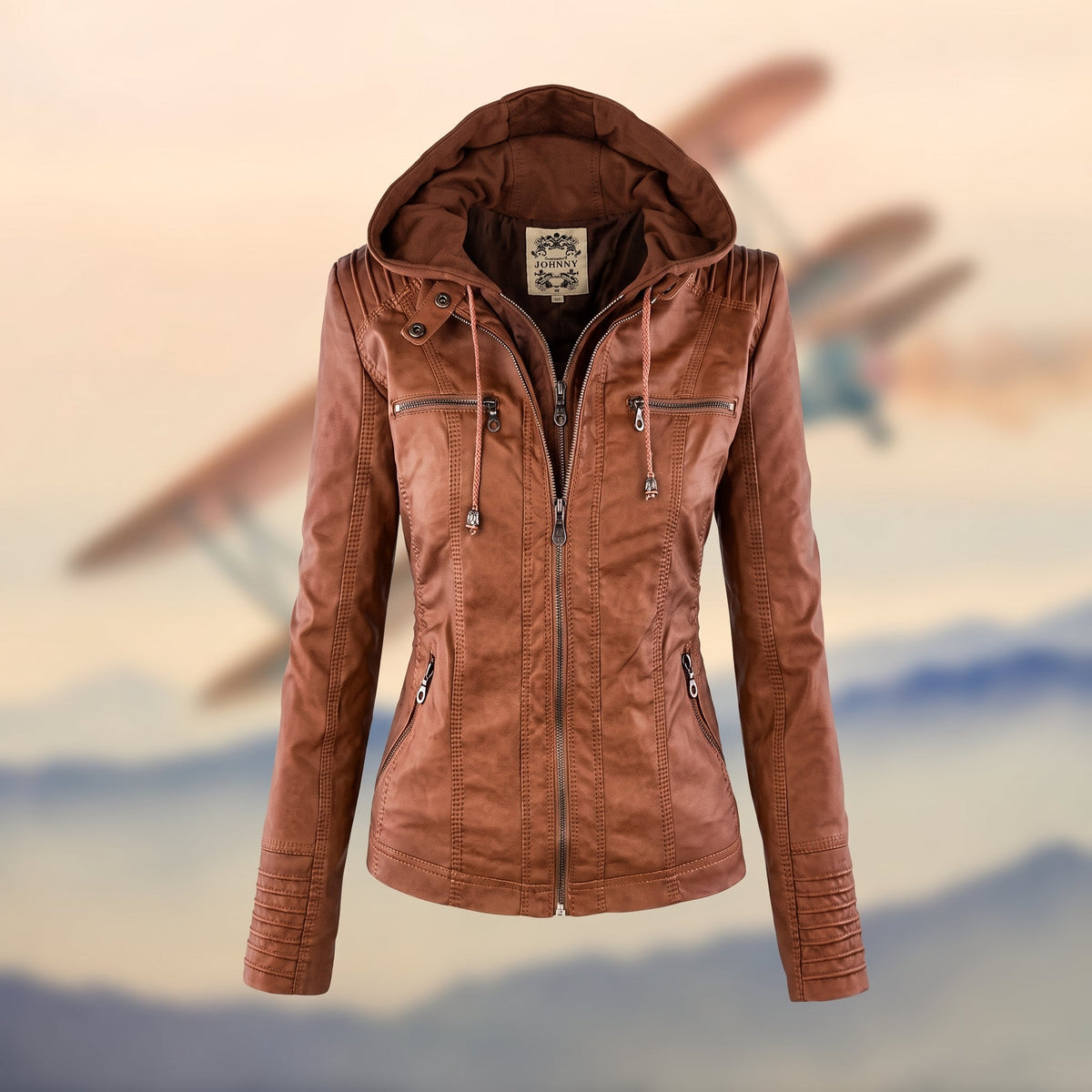 Sophie - Women's Hooded Zip-Up Biker Jacket - Motorcycle Outerwear - Brown - Davies & Cooper