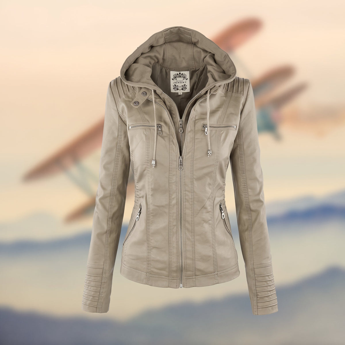 Sophie - Women's Hooded Zip-Up Biker Jacket - Motorcycle Outerwear - Beige - Davies & Cooper