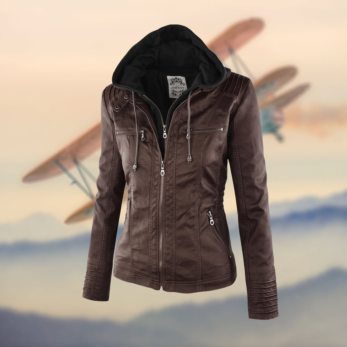 Sophie - Women's Hooded Zip-Up Biker Jacket - Motorcycle Outerwear - Dark Brown - Davies & Cooper