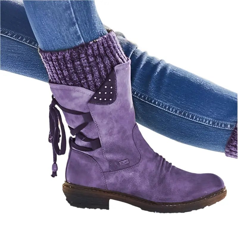 Sophie - Women's Knitted Cuff Ankle Boots with Lace-Up Detail - Boots - Purple - Davies & Cooper