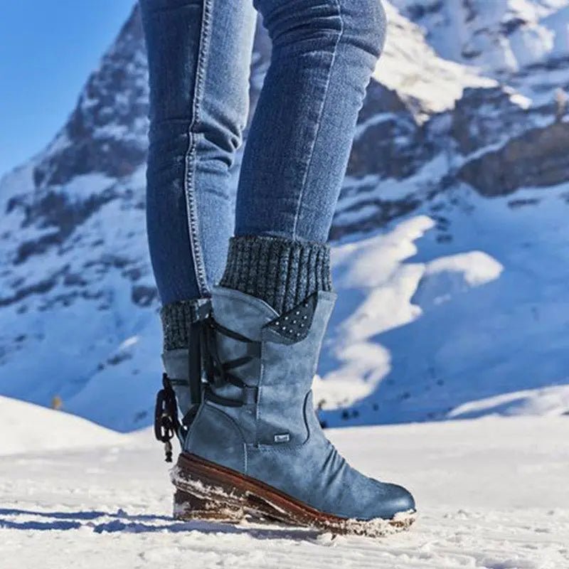 Sophie - Women's Knitted Cuff Ankle Boots with Lace-Up Detail - Boots - Blue - Davies & Cooper