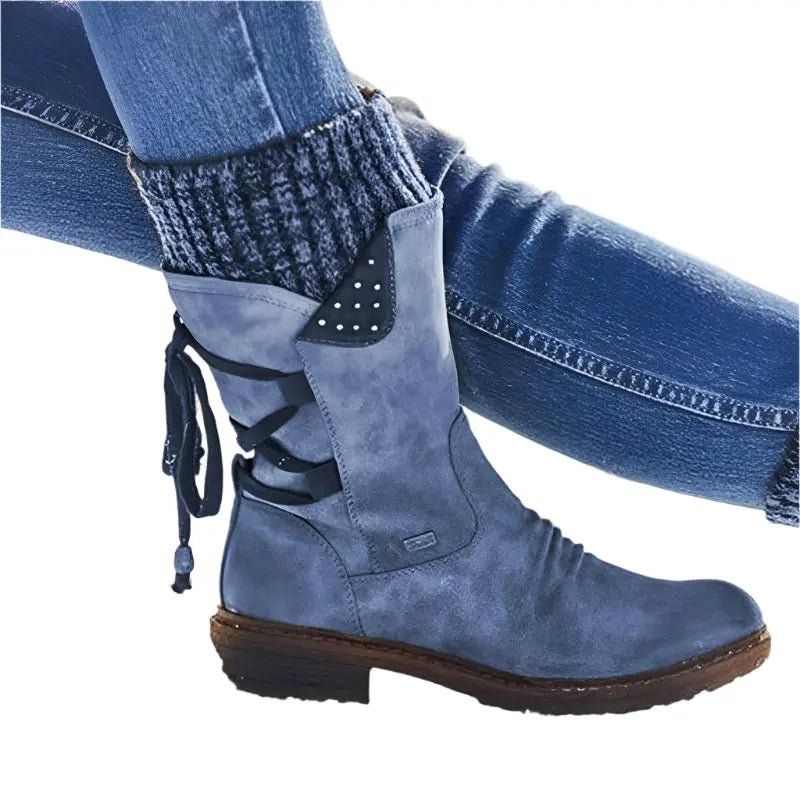Sophie - Women's Knitted Cuff Ankle Boots with Lace-Up Detail - Boots - Blue - Davies & Cooper