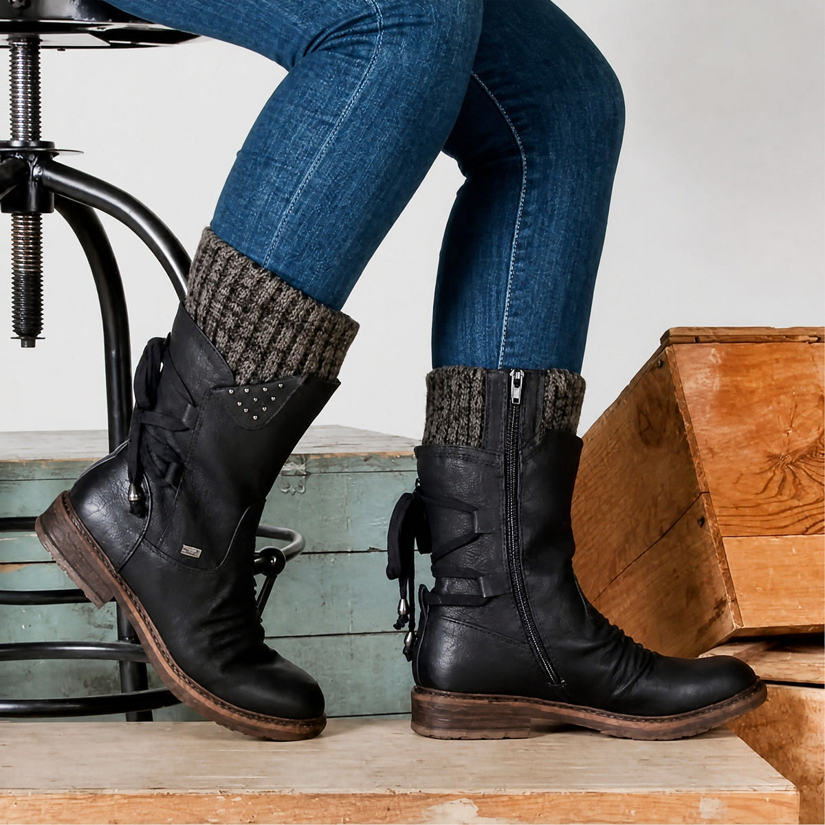 Sophie - Women's Knitted Cuff Ankle Boots with Lace-Up Detail - Boots - Black - Davies & Cooper