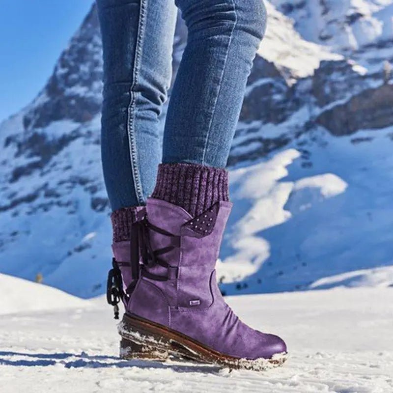 Sophie - Women's Knitted Cuff Ankle Boots with Lace-Up Detail - Boots - Purple - Davies & Cooper
