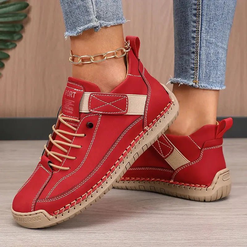 Sophie - Women's Lace-Up Ankle Trainers with Stitched Panels - Sneakers - Red - Davies & Cooper