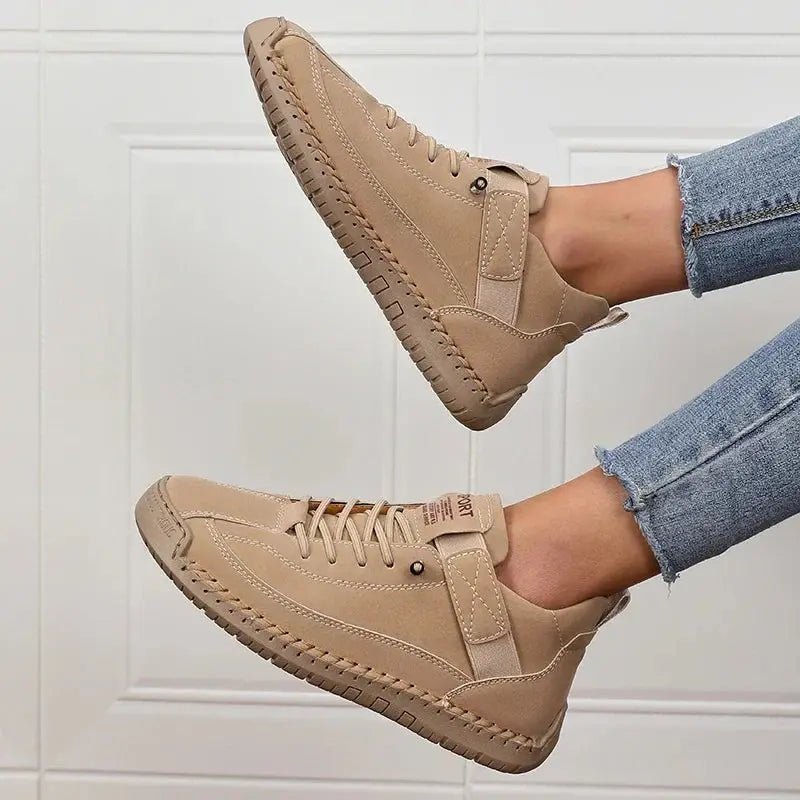 Sophie - Women's Lace-Up Ankle Trainers with Stitched Panels - Sneakers - Khaki - Davies & Cooper
