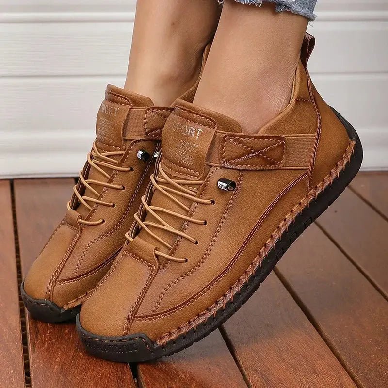 Sophie - Women's Lace-Up Ankle Trainers with Stitched Panels - Sneakers - Brown - Davies & Cooper