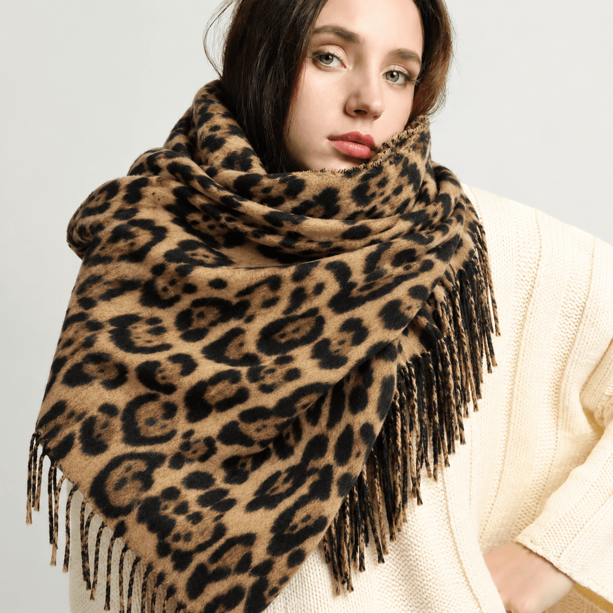 Sophie - Women's Leopard Print Tasselled Blanket Scarf with Fringe Trim - Scarves & Shawls - Brown - Davies & Cooper