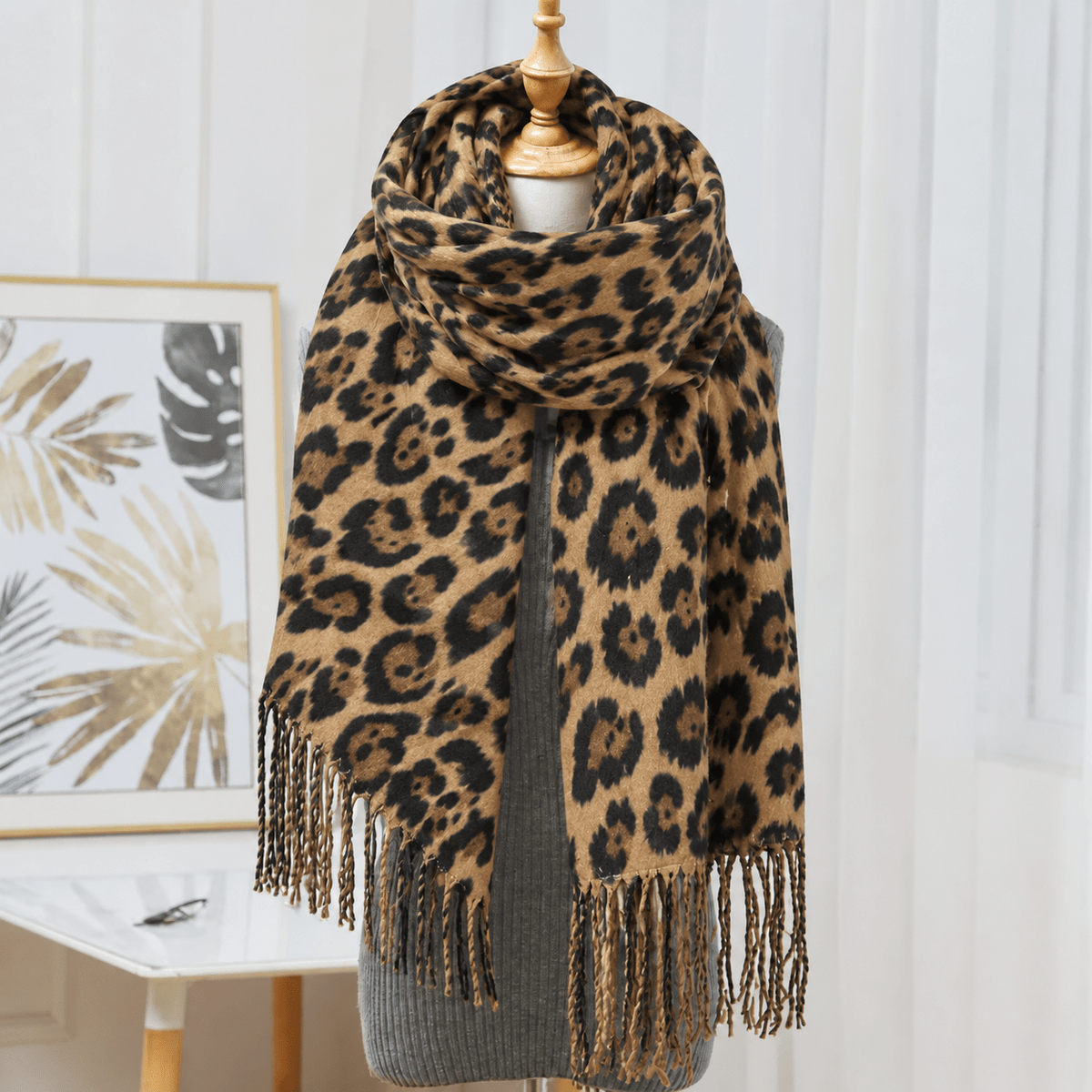 Sophie - Women's Leopard Print Tasselled Blanket Scarf with Fringe Trim - Scarves & Shawls - Brown - Davies & Cooper
