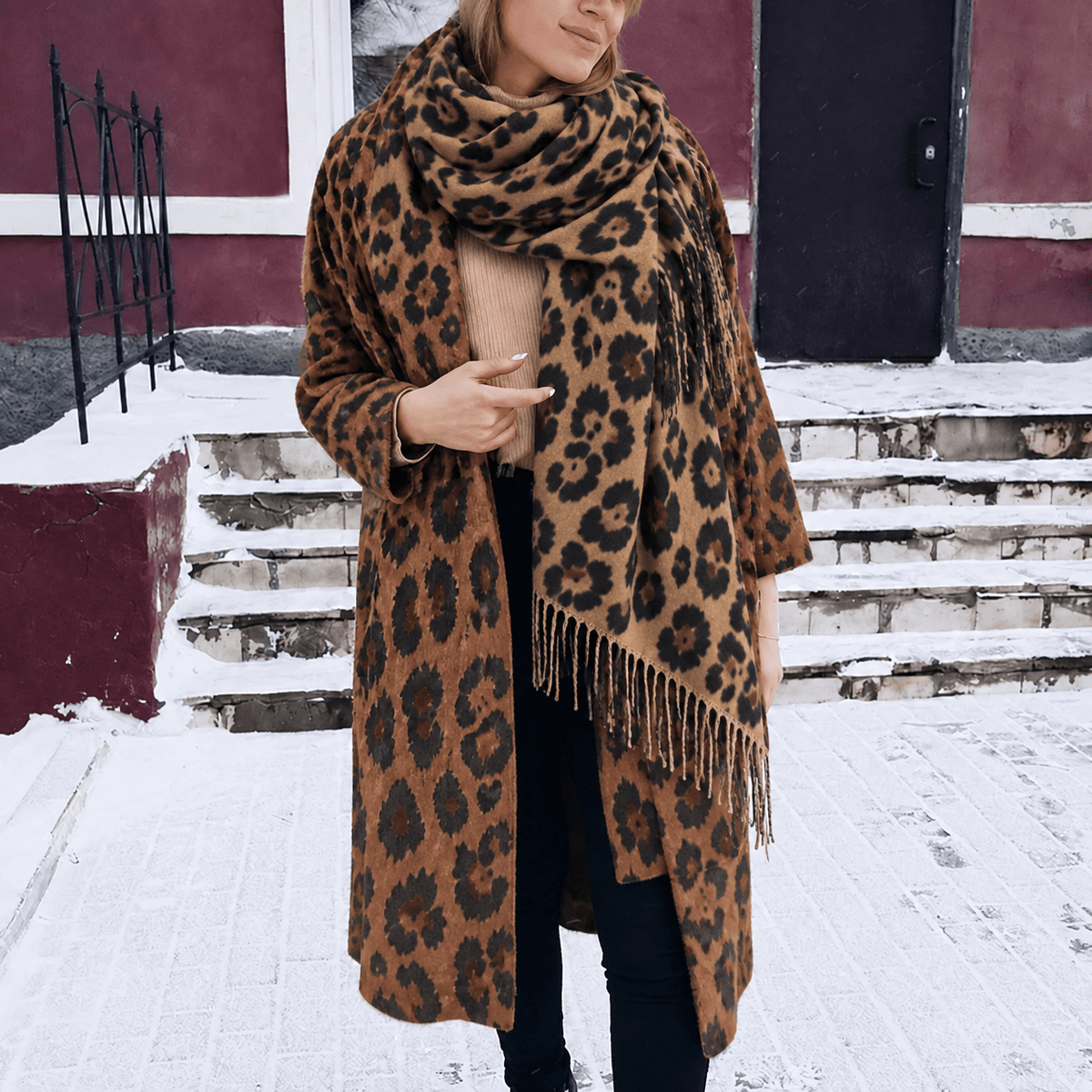 Sophie - Women's Leopard Print Tasselled Blanket Scarf with Fringe Trim - Scarves & Shawls - Brown - Davies & Cooper