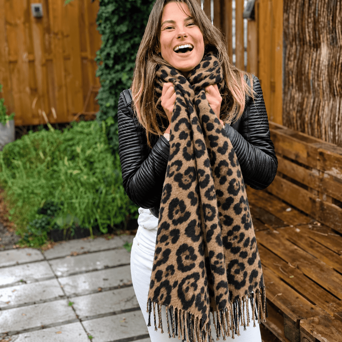 Sophie - Women's Leopard Print Tasselled Blanket Scarf with Fringe Trim - Scarves & Shawls - Brown - Davies & Cooper
