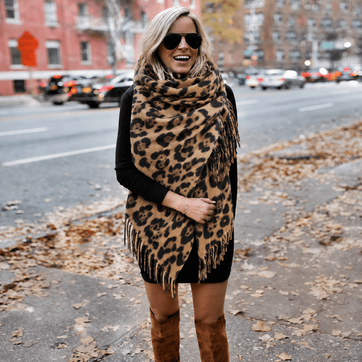 Sophie - Women's Leopard Print Tasselled Blanket Scarf with Fringe Trim - Scarves & Shawls - Brown - Davies & Cooper