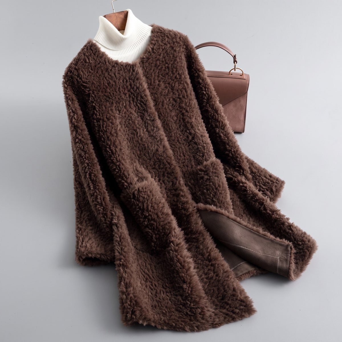 Sophie - Women's Longline Coat with Round Neck and Pockets - Overcoats - Brown - Davies & Cooper