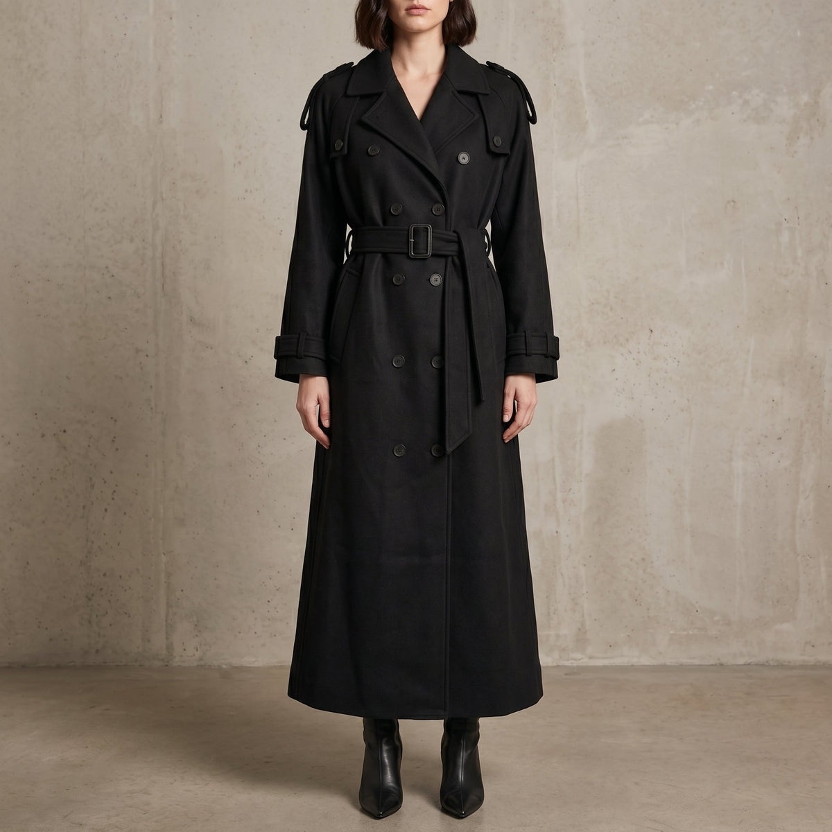 Sophie - Women's Longline Double-Breasted Trench Coat - Trench Coats - Black - Davies & Cooper
