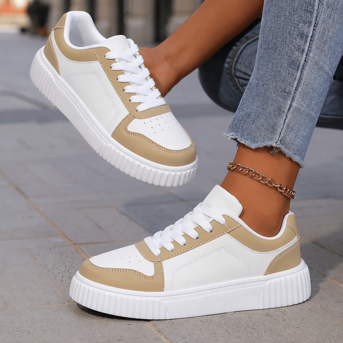 Sophie - Women's Low-Top Platform Trainers with Lace-Up Closure - Sneakers - Khaki - Davies & Cooper