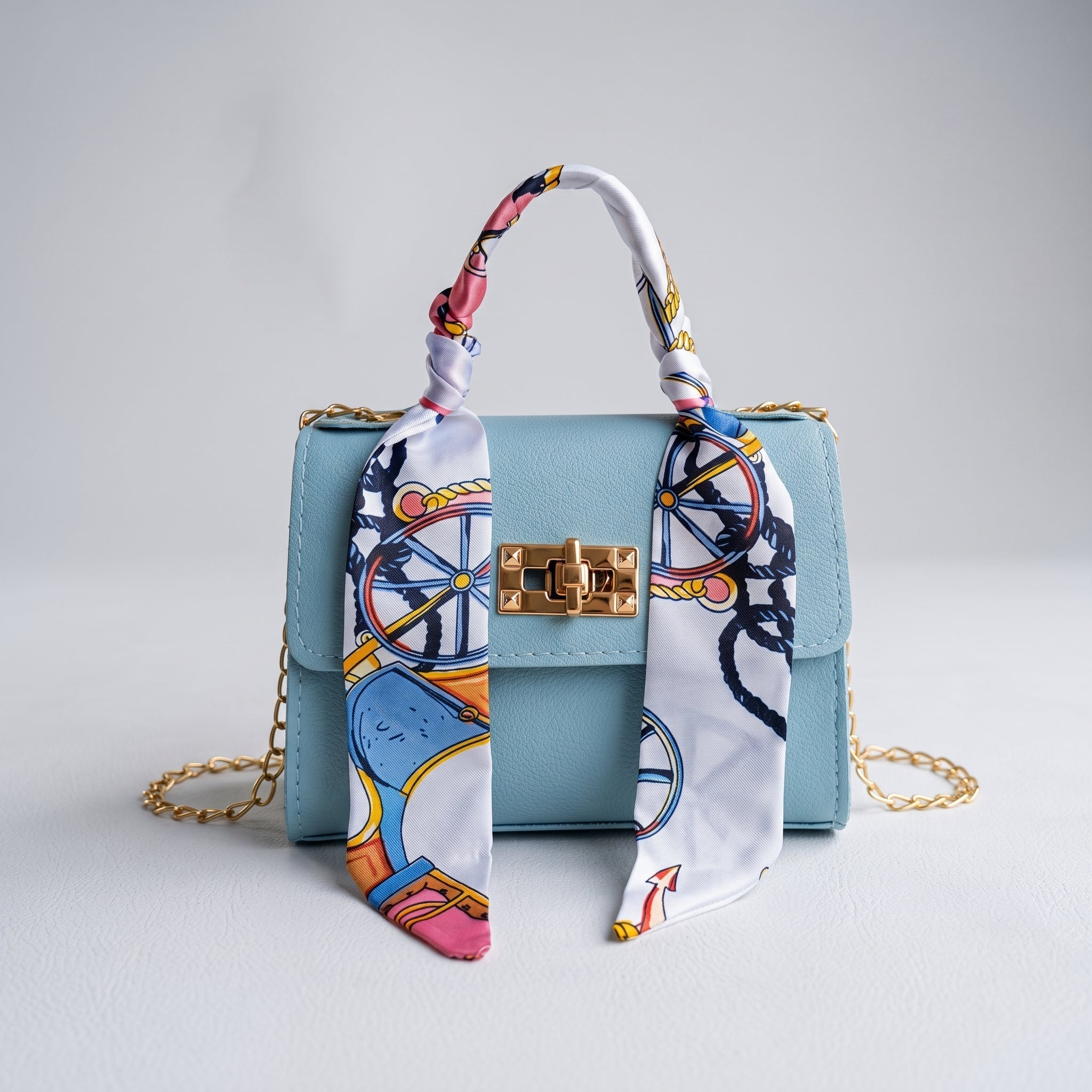 Sophie - Women's Mini Scarf Handle Handbag with Chain Strap - Cross Body Bags - Blue - Davies & Cooper