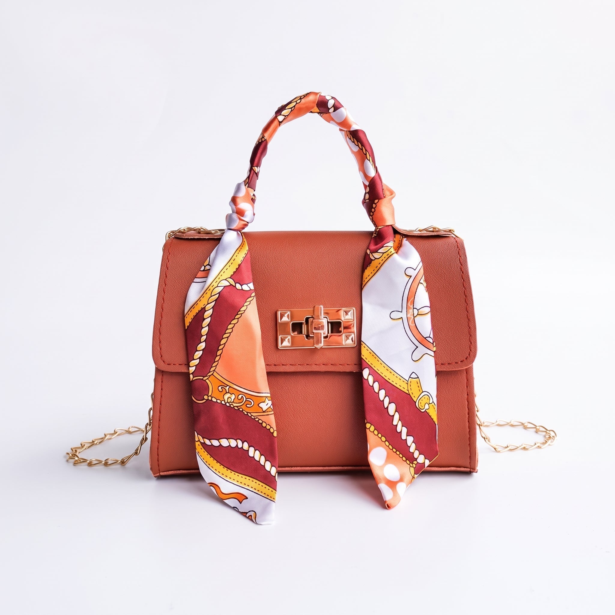 Sophie - Women's Mini Scarf Handle Handbag with Chain Strap - Cross Body Bags - Brown - Davies & Cooper