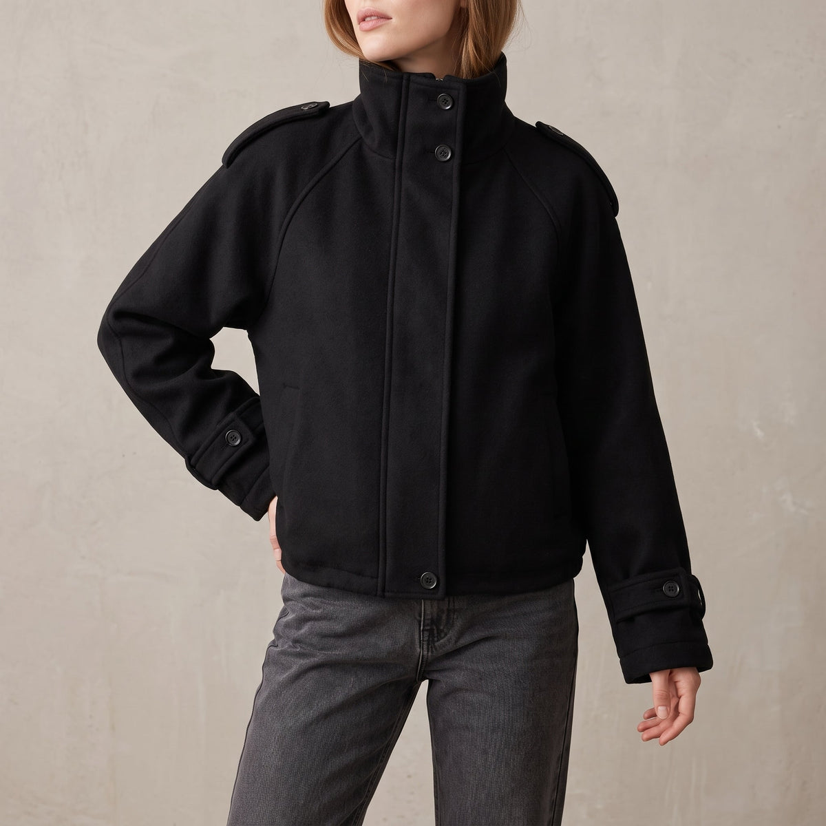 Sophie - Women's Mock Neck Oversized Coat with Stand Collar - Overcoats - Black - Davies & Cooper