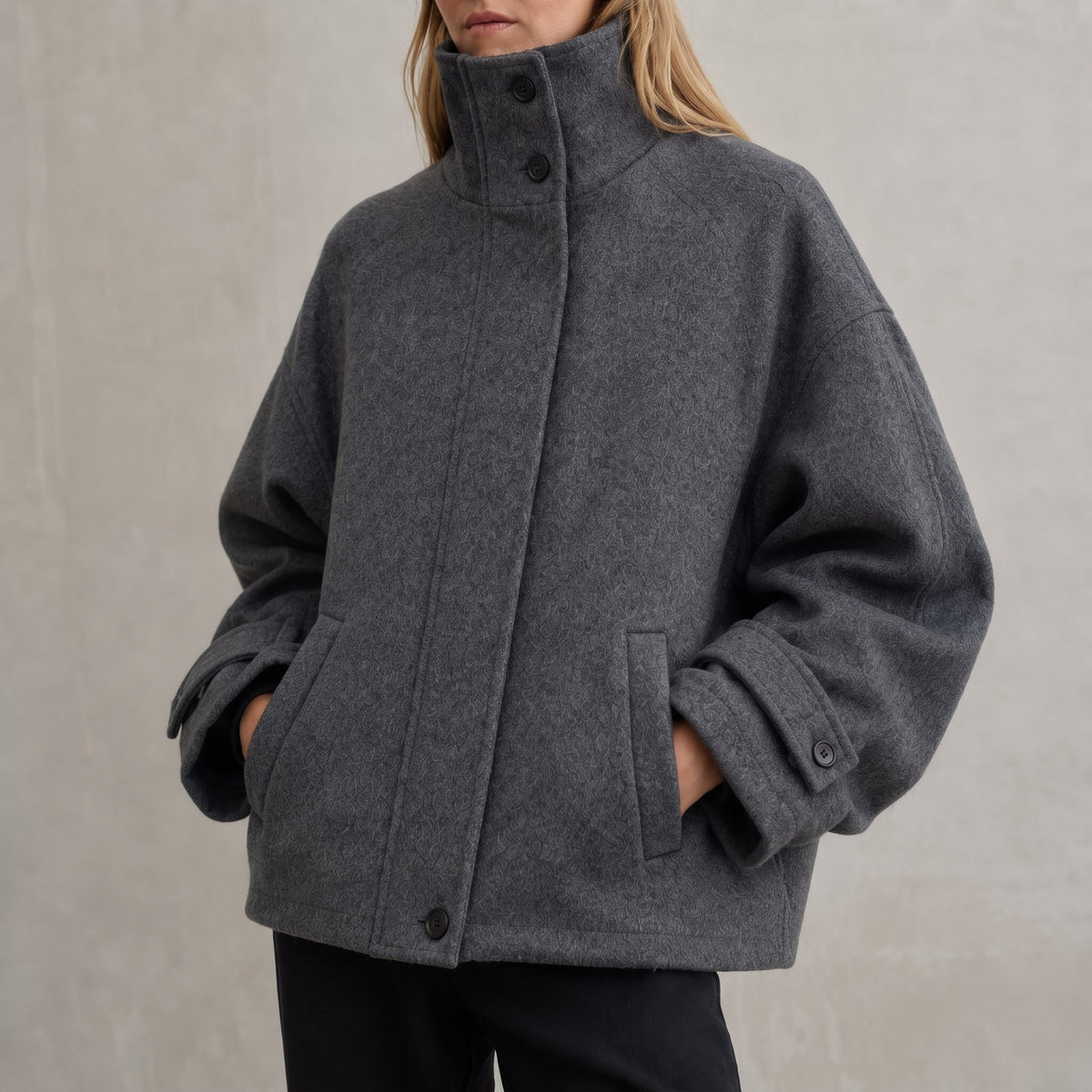 Sophie - Women's Mock Neck Oversized Coat with Stand Collar - Overcoats - Grey - Davies & Cooper