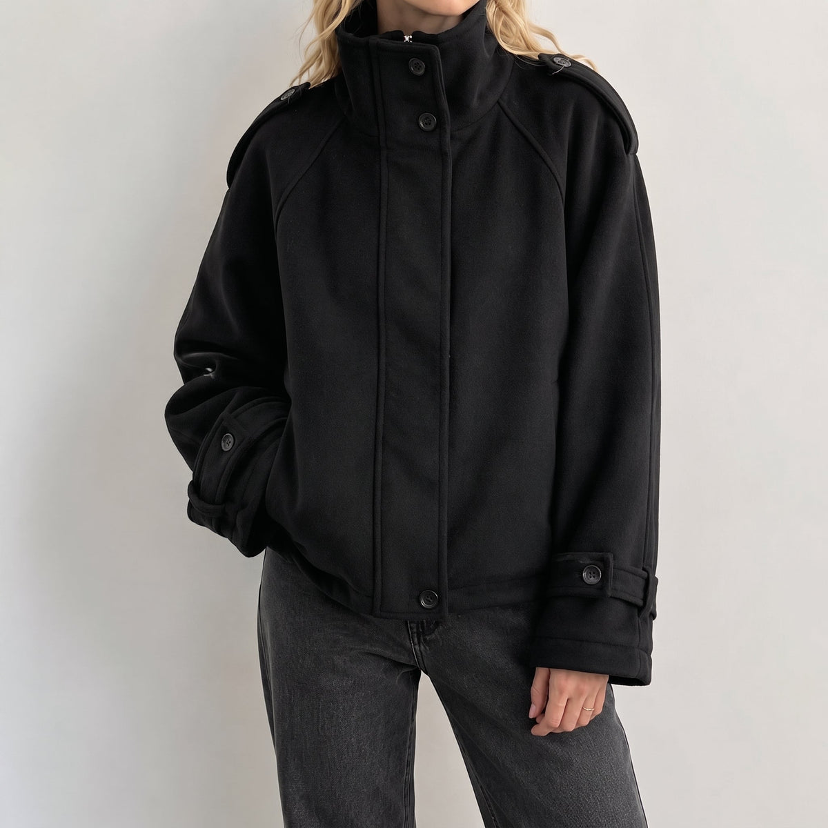 Sophie - Women's Mock Neck Oversized Coat with Stand Collar - Overcoats - Black - Davies & Cooper