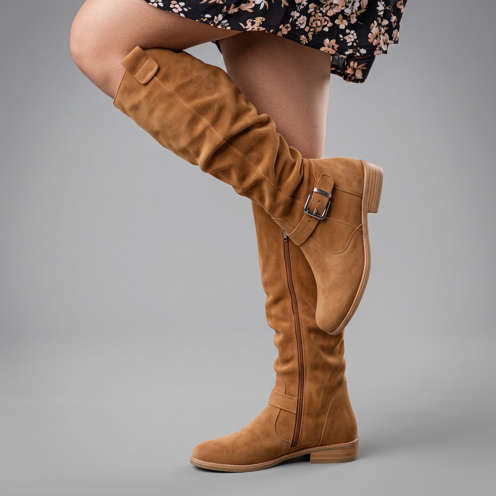 Sophie - Women's Orthopaedic Slouch Knee-High Boots with Buckle Strap - Boots - Light Brown - Davies & Cooper