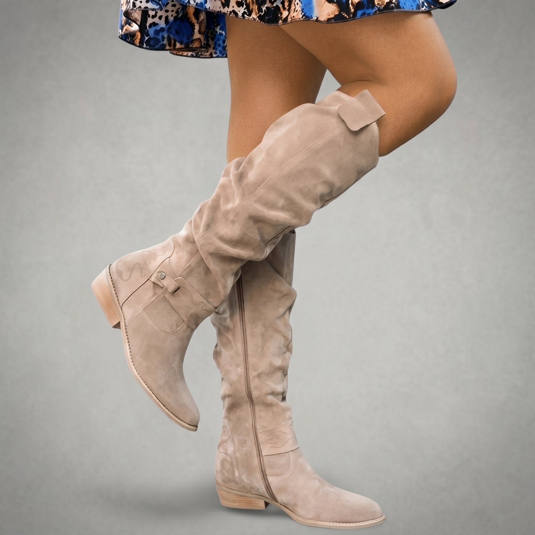 Sophie - Women's Orthopaedic Slouch Knee-High Boots with Buckle Strap - Boots - Beige - Davies & Cooper