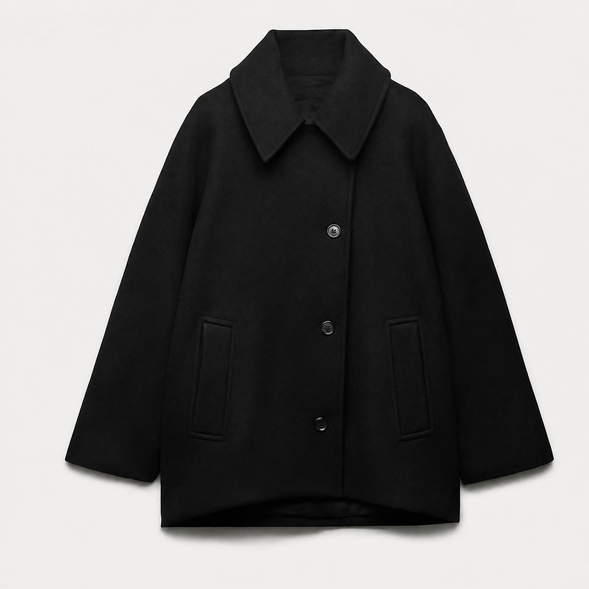 Sophie - Women's Oversized Collared Button-Front Jacket - Coats & Jackets - Black - Davies & Cooper