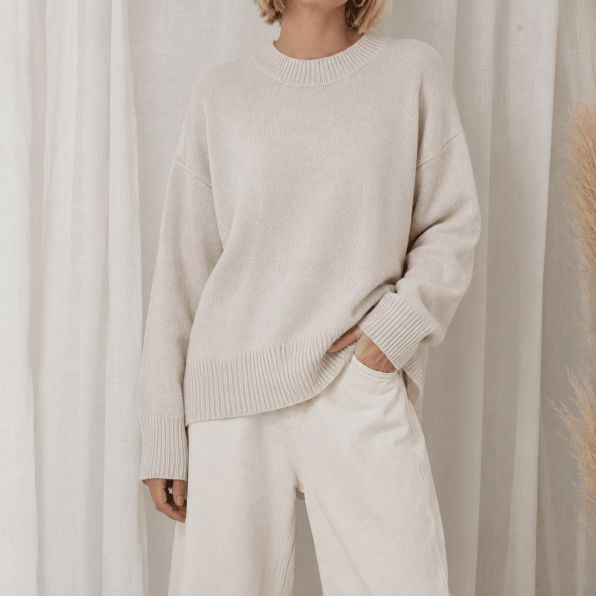 Sophie - Women's Oversized Crewneck Knit Jumper with Ribbed Cuffs - Sweaters - Beige - Davies & Cooper