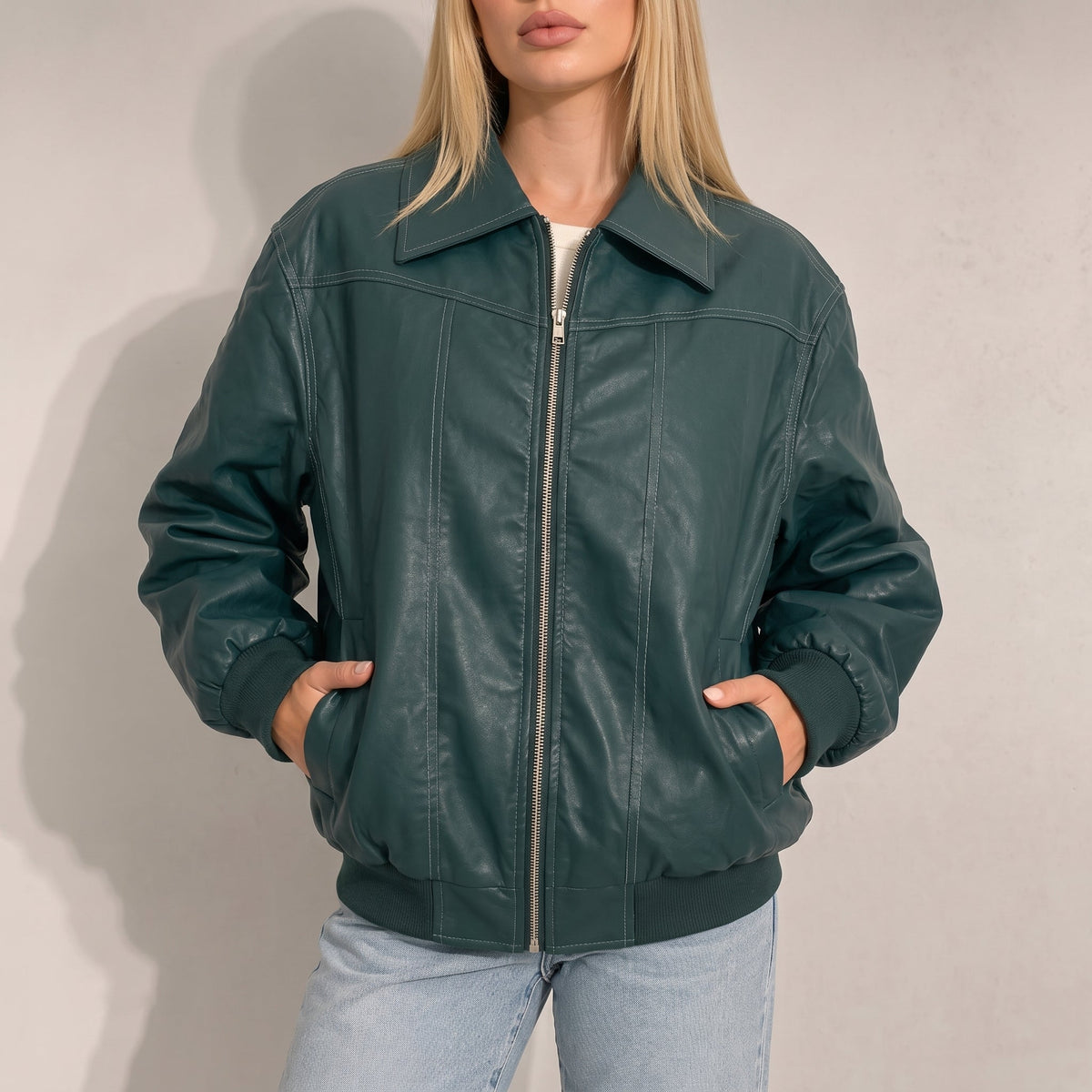 Sophie - Women's Oversized Cropped Jacket with Contrast Stitching - Coats & Jackets - Green - Davies & Cooper